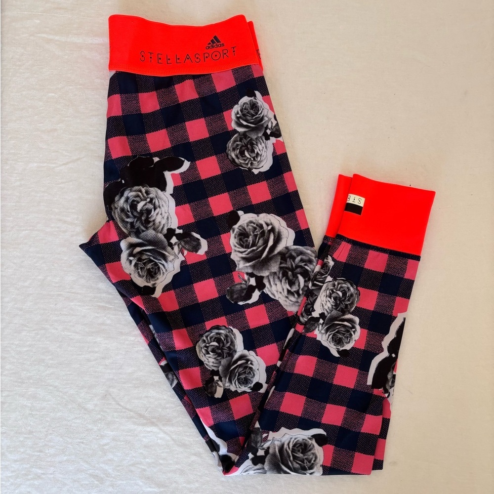 Women’s Adidas Stellasport Leggings Navy Coral Plaid /Flowers Rose Print Medium